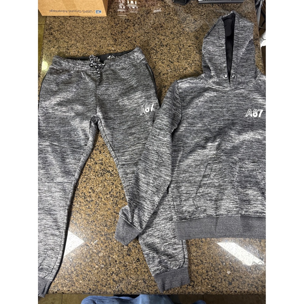 Aeropostale A87 Mens Tracksuit Set Grey Space Dye Hoodie and Joggers Medium